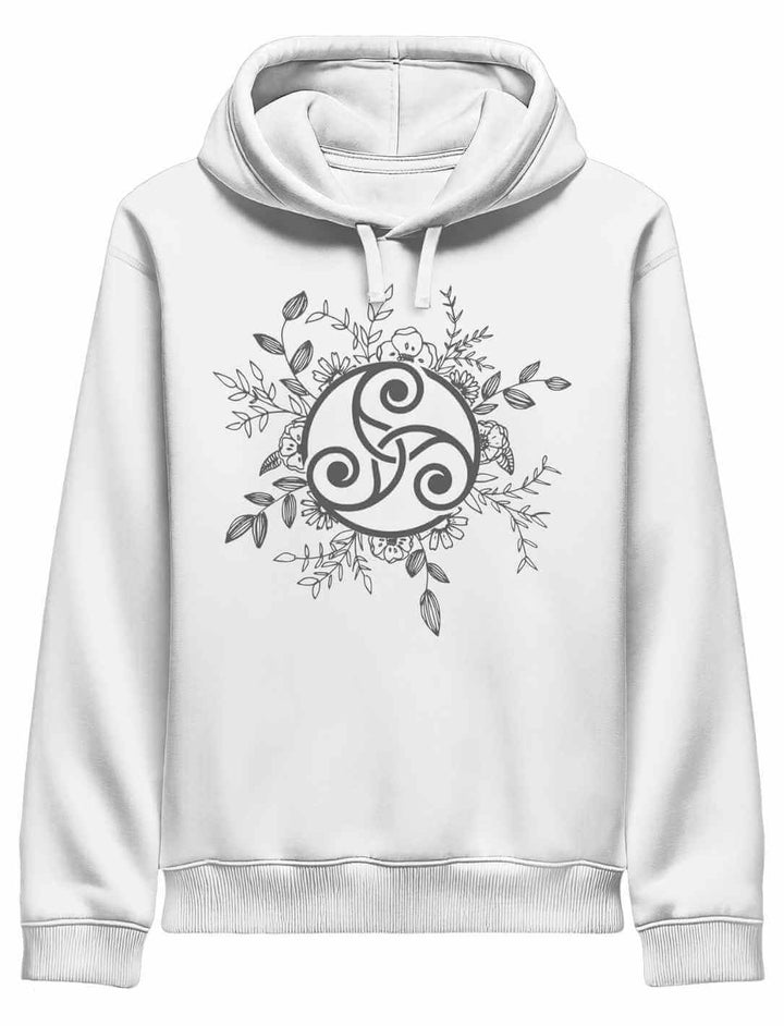 Damen Organic Hoodie in Weiß mit Triskele der ewigen Wandlung – keltisches Symbol für Balance, Wandel und innere Stärke