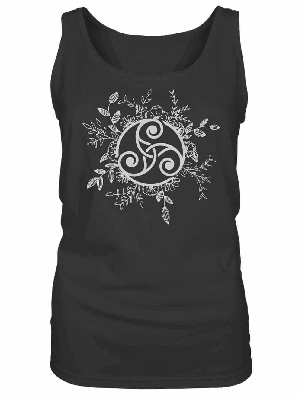 Triskele der ewigen Wandlung – Damen Tank Top Schwarz – Keltisches Symbol der Harmonie, florales Design