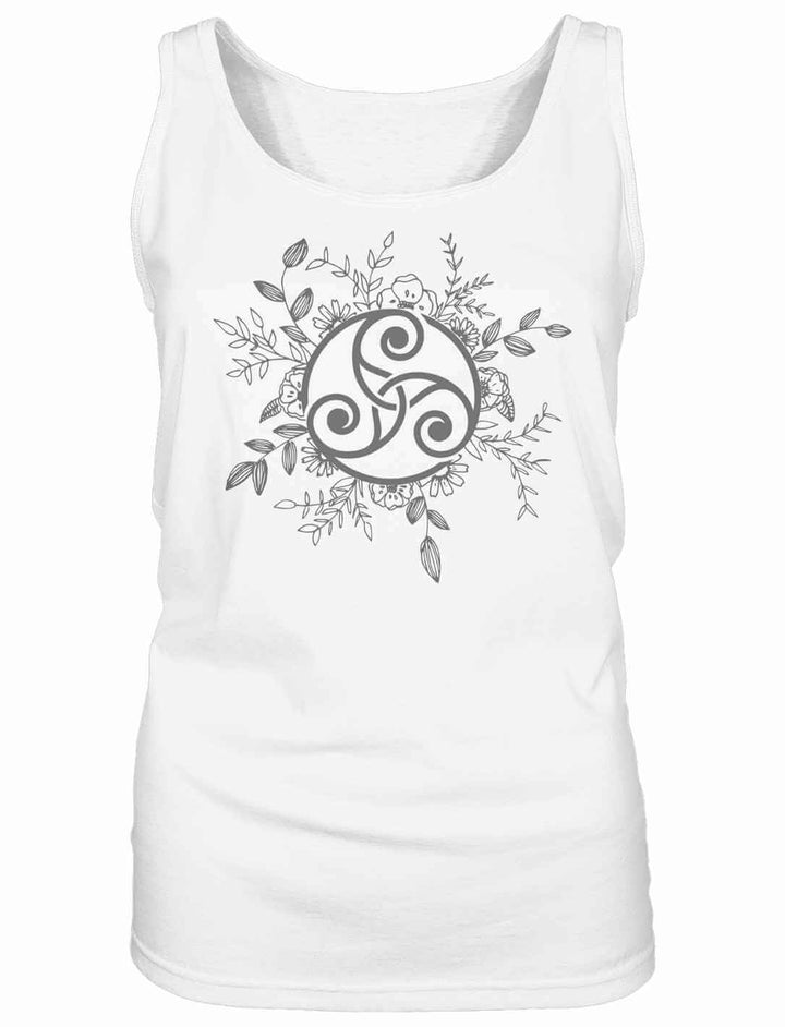 Triskele der ewigen Wandlung – Damen Tank Top Weiß – Keltisches Triskele Symbol für Harmonie und Leichtigkeit