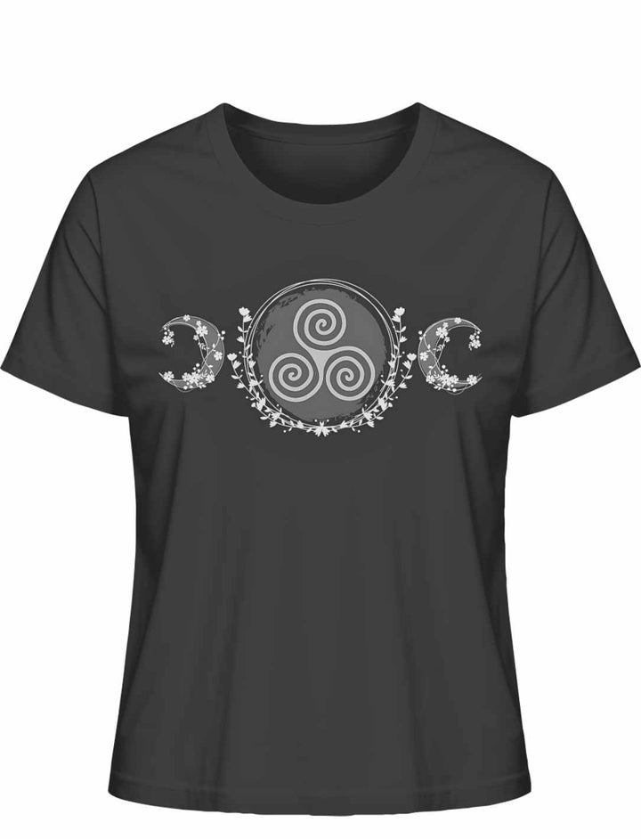 Triskele des Mondlichts T-Shirt in Anthrazit – Keltisches Design mit Triskele, Mondsicheln und floralen Mustern auf weißem Hintergrund