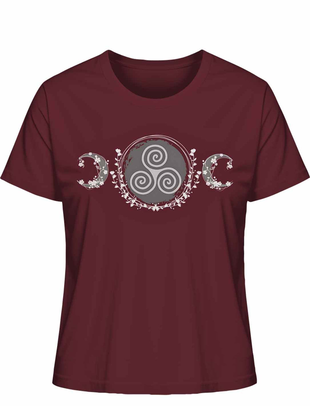 Triskele des Mondlichts T-Shirt in Burgund – Keltisches Design mit Triskele, Mondsicheln und floralen Mustern auf weißem Hintergrund