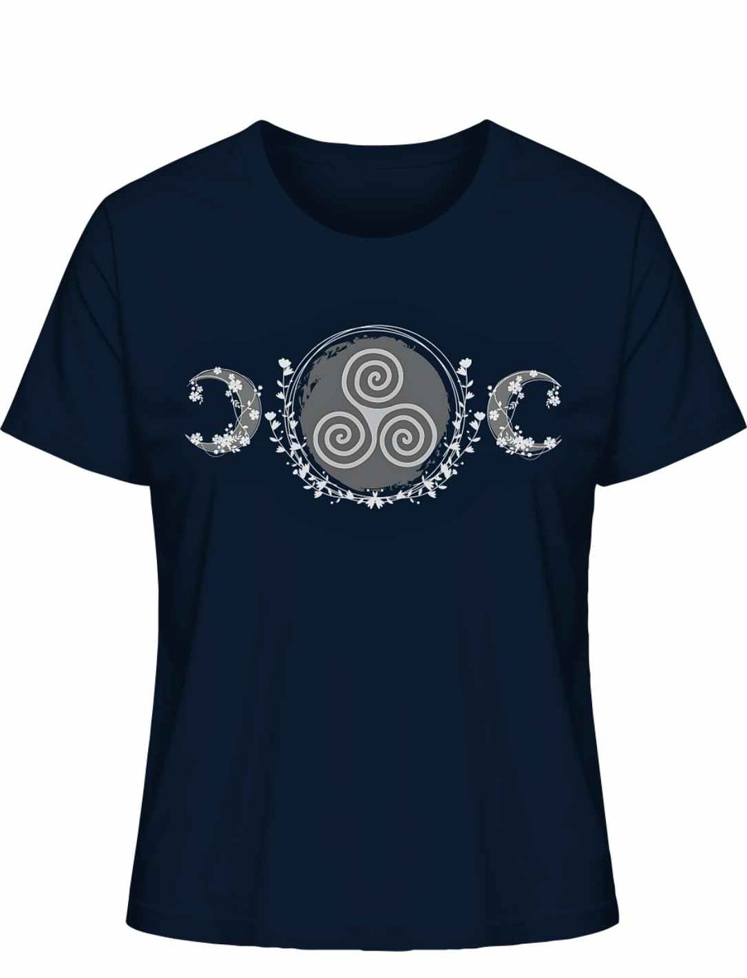 Triskele des Mondlichts T-Shirt in French Navy – Keltisches Design mit Triskele, Mondsicheln und floralen Mustern auf weißem Hintergrund