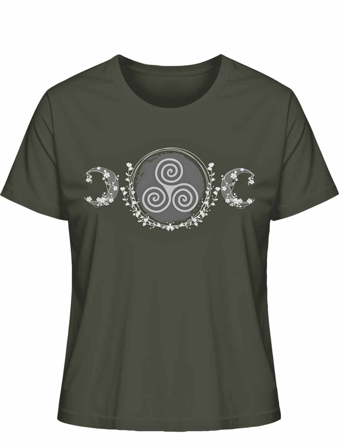 Triskele des Mondlichts T-Shirt in Khaki – Keltisches Design mit Triskele, Mondsicheln und floralen Mustern auf weißem Hintergrund