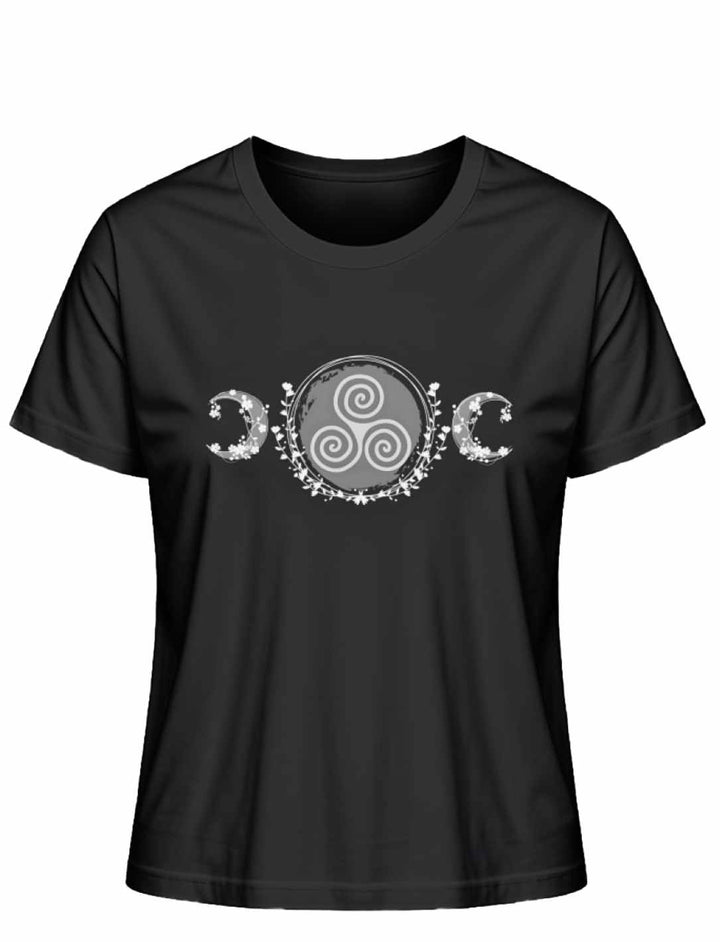 Triskele des Mondlichts T-Shirt in Schwarz – Keltisches Design mit Triskele, Mondsicheln und floralen Mustern auf weißem Hintergrund