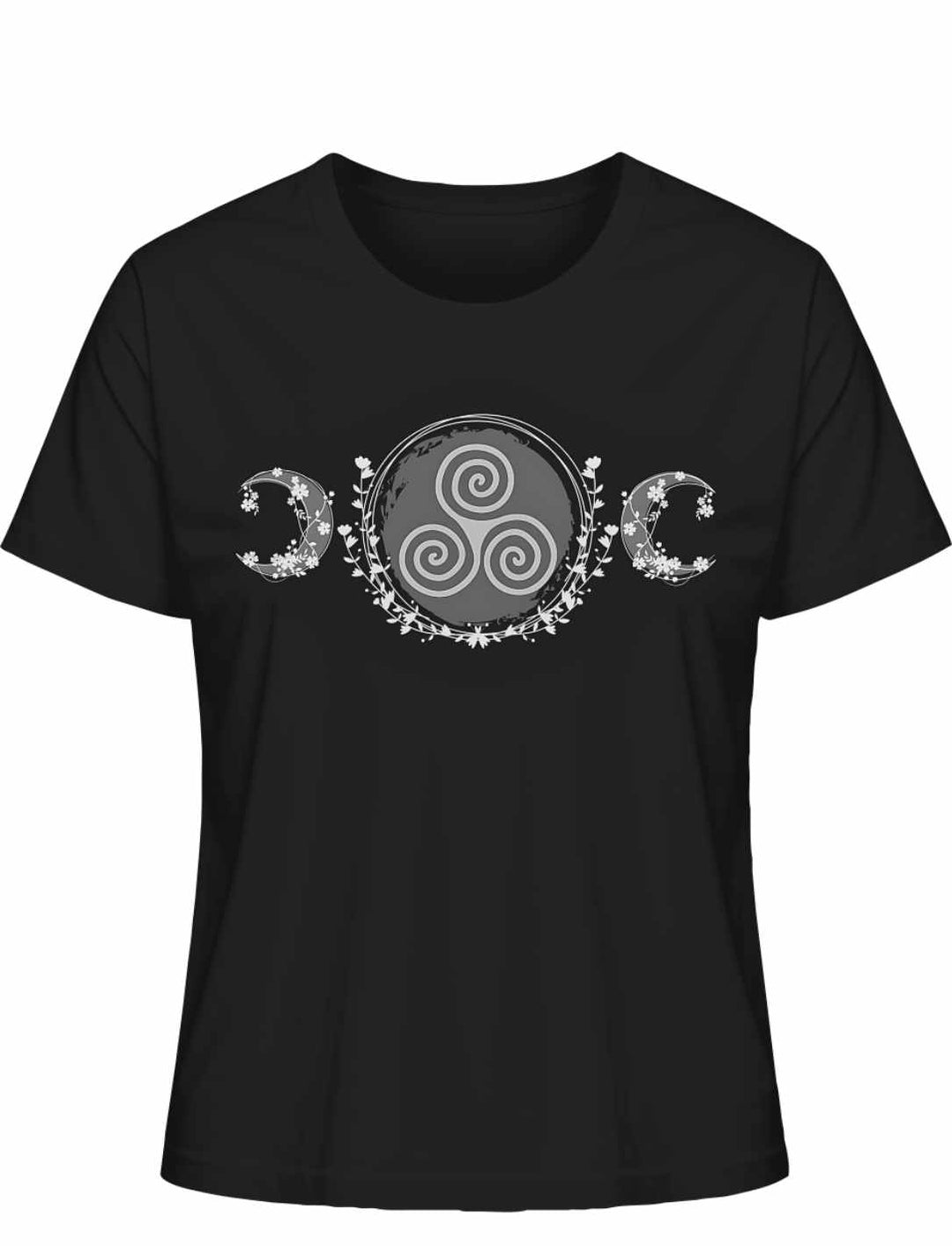 riskele des Mondlichts T-Shirt in Schwarz – Keltisches Design mit Triskele, Mondsicheln und floralen Mustern auf weißem Hintergrund