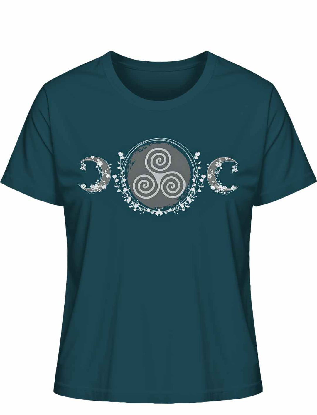 Triskele des Mondlichts T-Shirt in Stargazer – Keltisches Design mit Triskele, Mondsicheln und floralen Mustern auf weißem Hintergrund