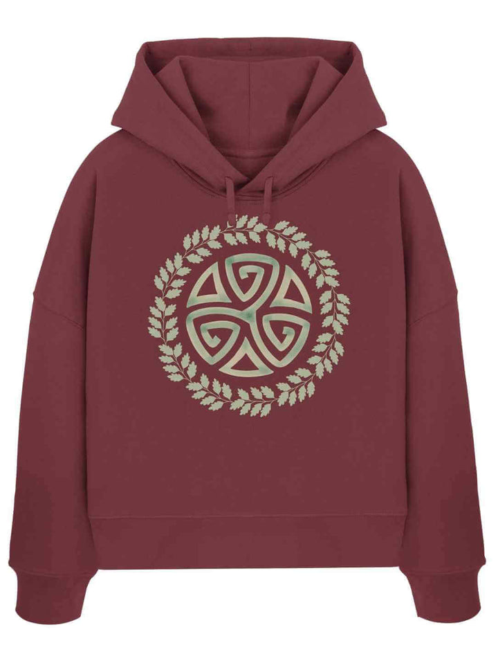 Triskele des Waldes Damen Hoodie in Bordeauxrot – Symbol für Wandel und Stärke aus Bio-Baumwolle