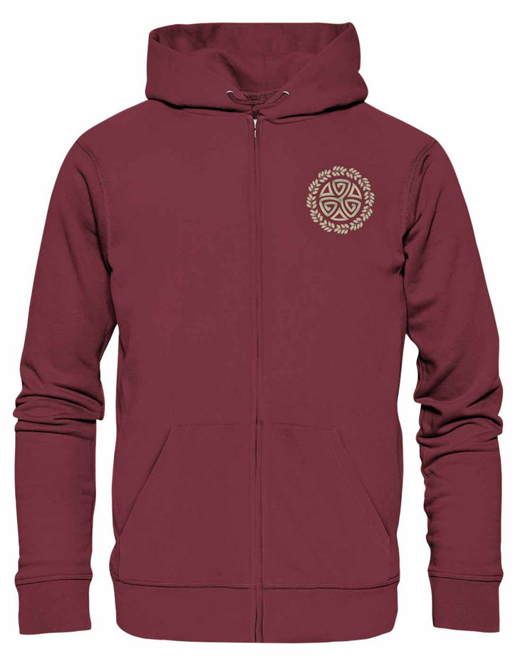 Triskele des Waldes Zipper Hoodie in Burgund – eleganter Sommer-Hoodie mit keltischem Charme.