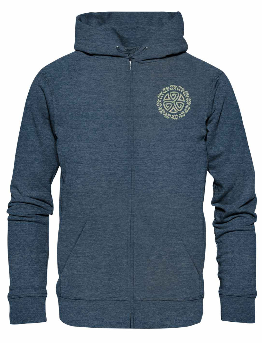 Triskele des Waldes Zipper Hoodie in Dark Heather Blue – eine Verbindung aus keltischer Mystik und stilvollem Sommerlook.