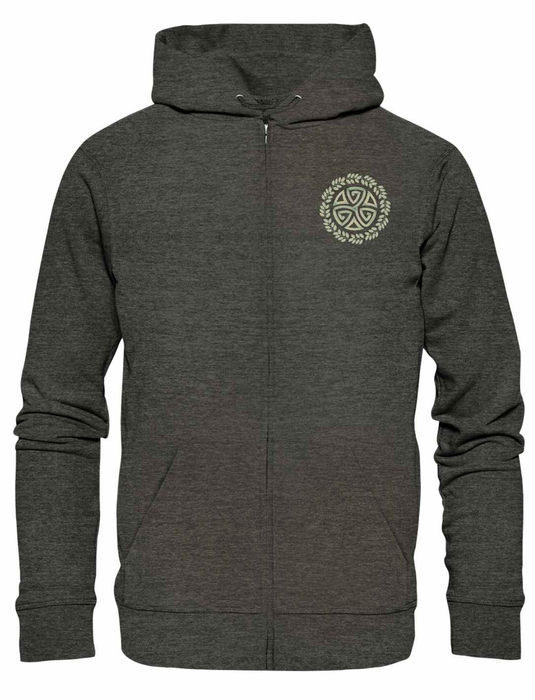 riskele des Waldes Zipper Hoodie in Dark Heather Grey – keltische Symbolik in zeitlosem Design.