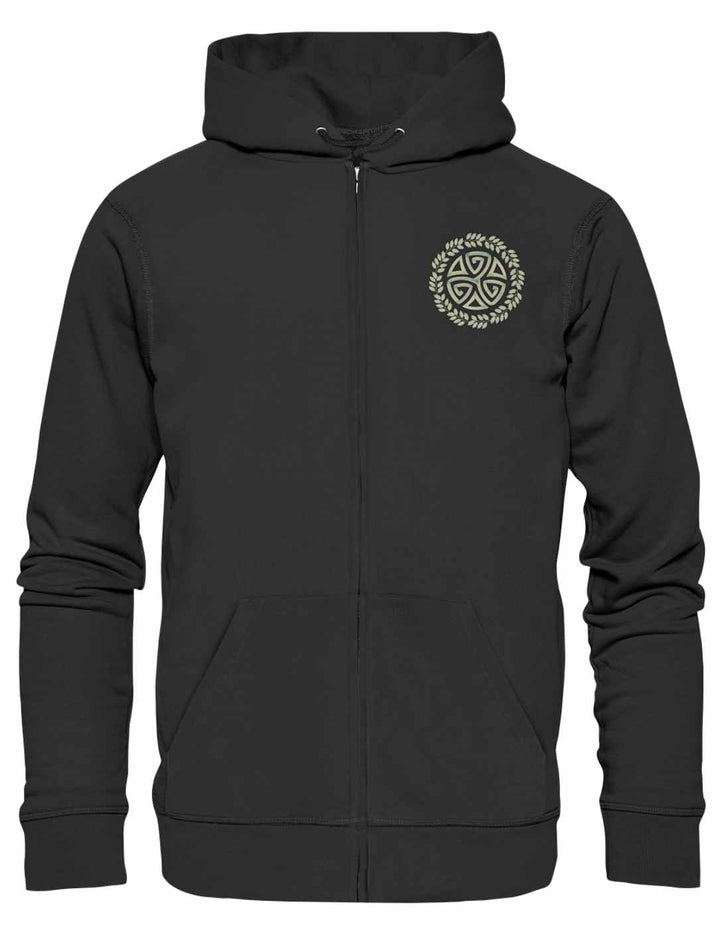 Triskele des Waldes Zipper Hoodie in Schwarz – leichte Sommermode mit keltischem Design.