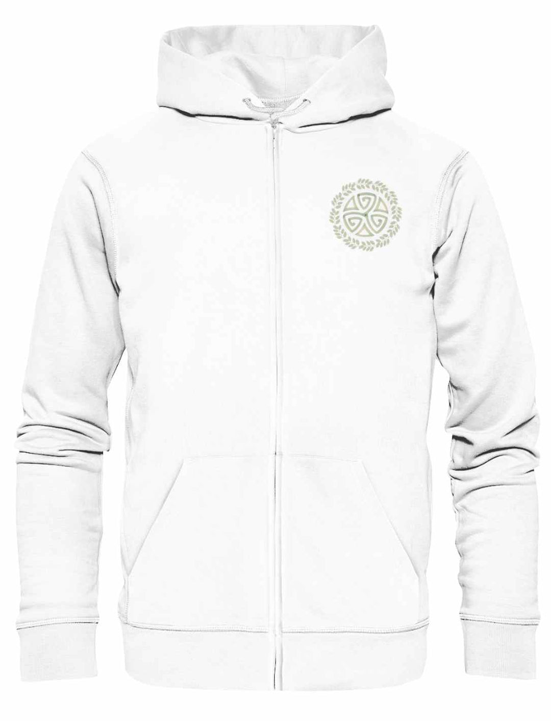  Triskele des Waldes Zipper Hoodie in Weiß – ideal für warme Tage, inspiriert von keltischen Symbolen.