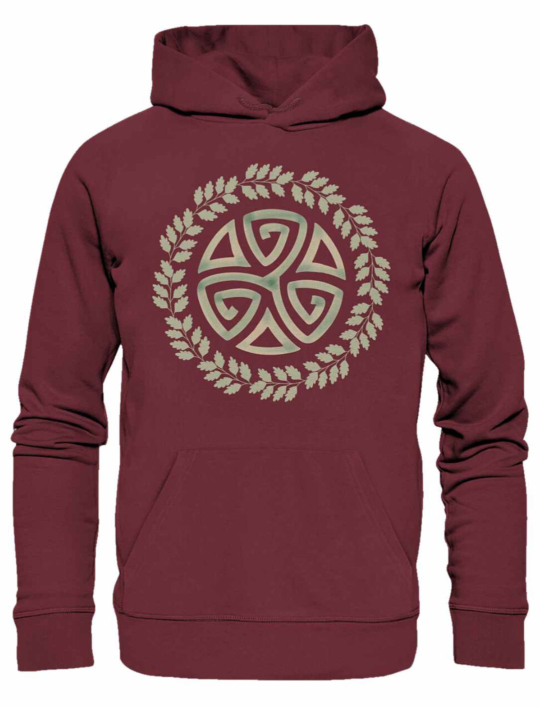 Burgunderfarbener Triskele des Waldes Hoodie mit keltischem Symbol auf weißem Hintergrund.