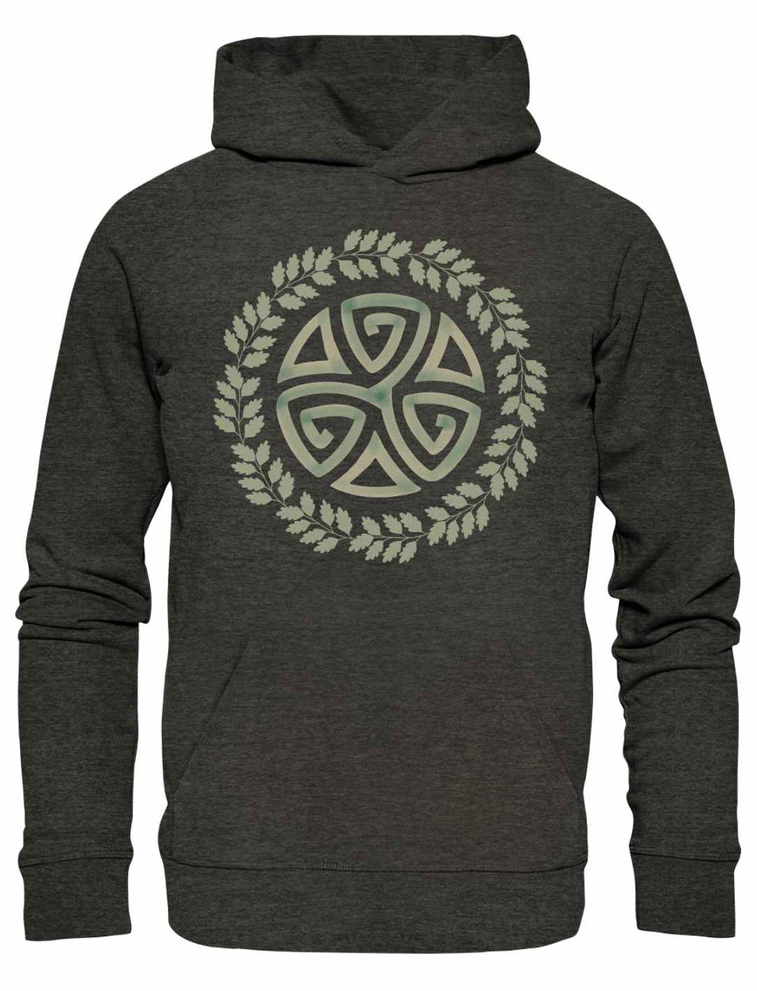 Dark Heather Grey Triskele des Waldes Hoodie mit keltischem Symbol auf weißem Hintergrund.