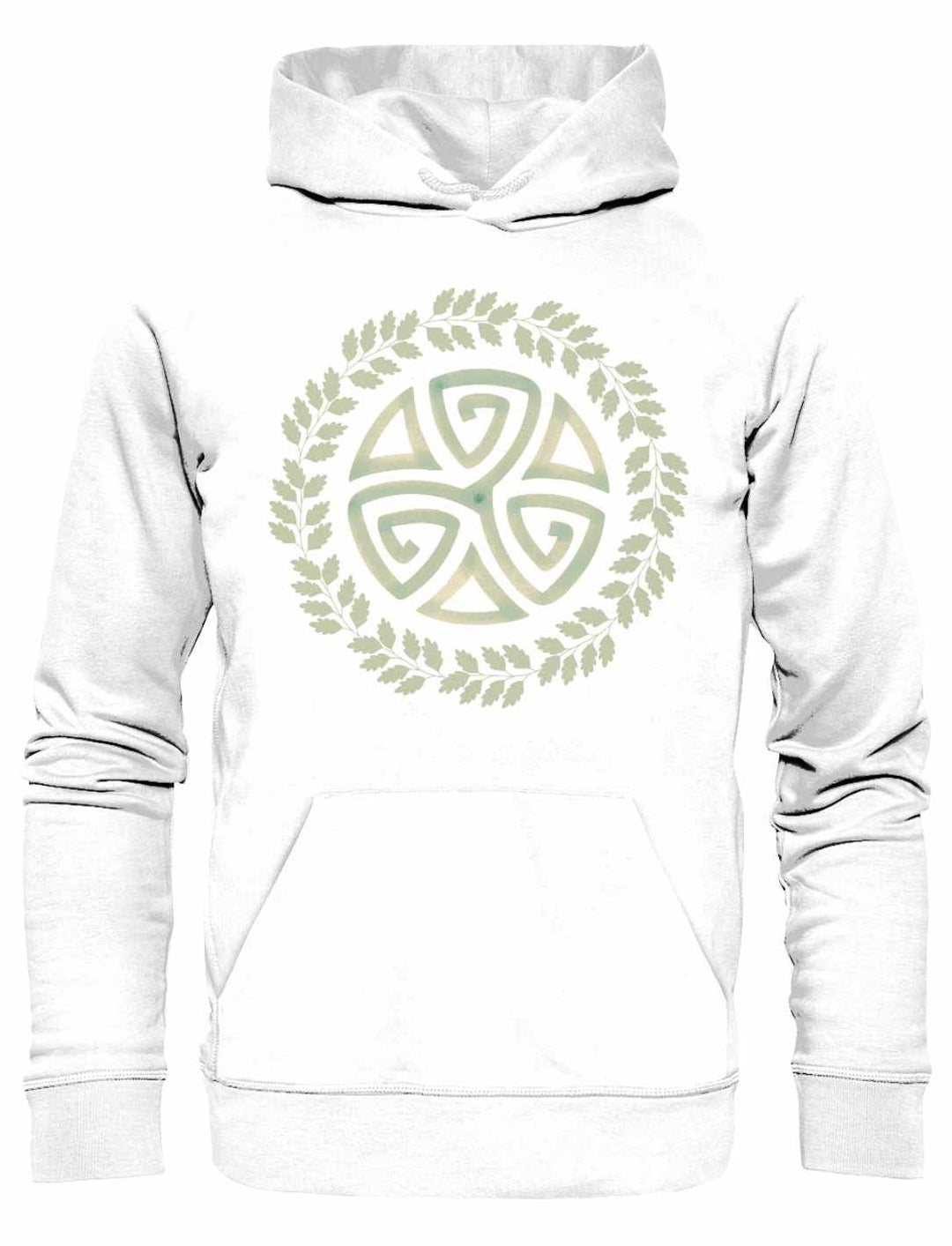 Weißer Triskele des Waldes Hoodie mit keltischem Symbol auf weißem Hintergrund.