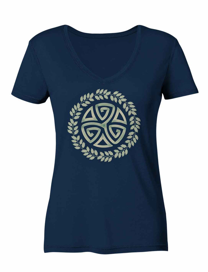 Triskele des Waldes Damen V-Neck Shirt in Navy – Mystische Symbole und tiefblaue Naturverbundenheit.