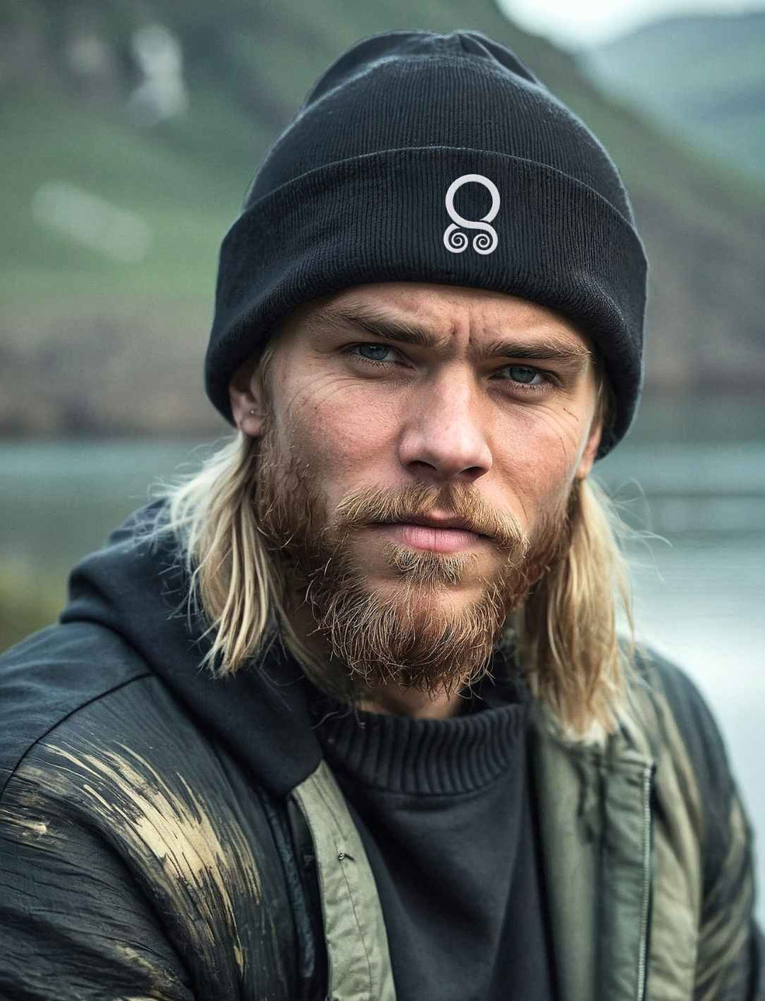 Blonder Mann im Wikinger Style trägt das Trollbann des Nordes Beanie in schwarz. Im Hintergrund eine nordische Landschaft am See.