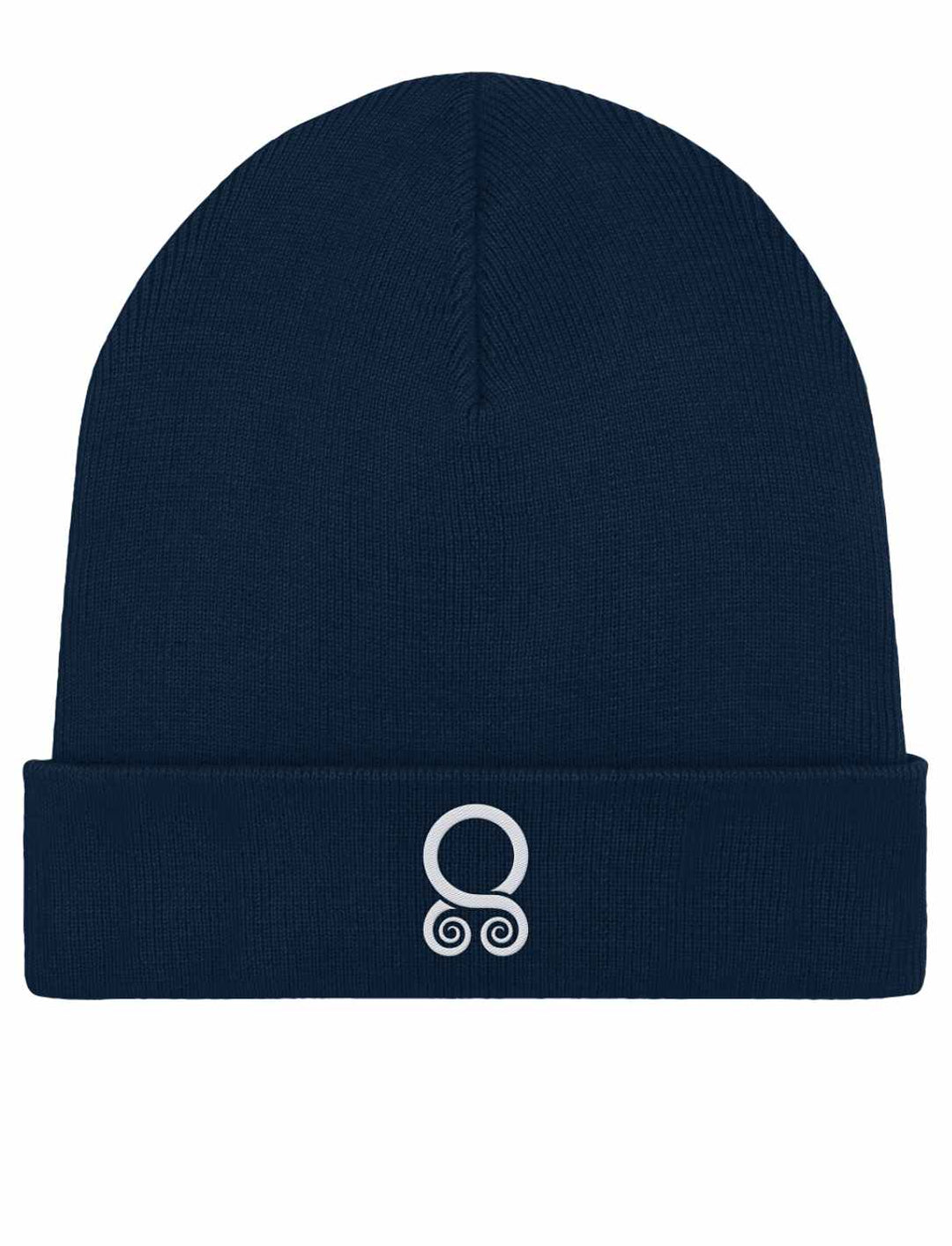 Das Trollbann des Nordens Organic Rib Beanie in French Navy, inspiriert von der Wikinger-Mythologie, auf weißem Hintergrund abgebildet.