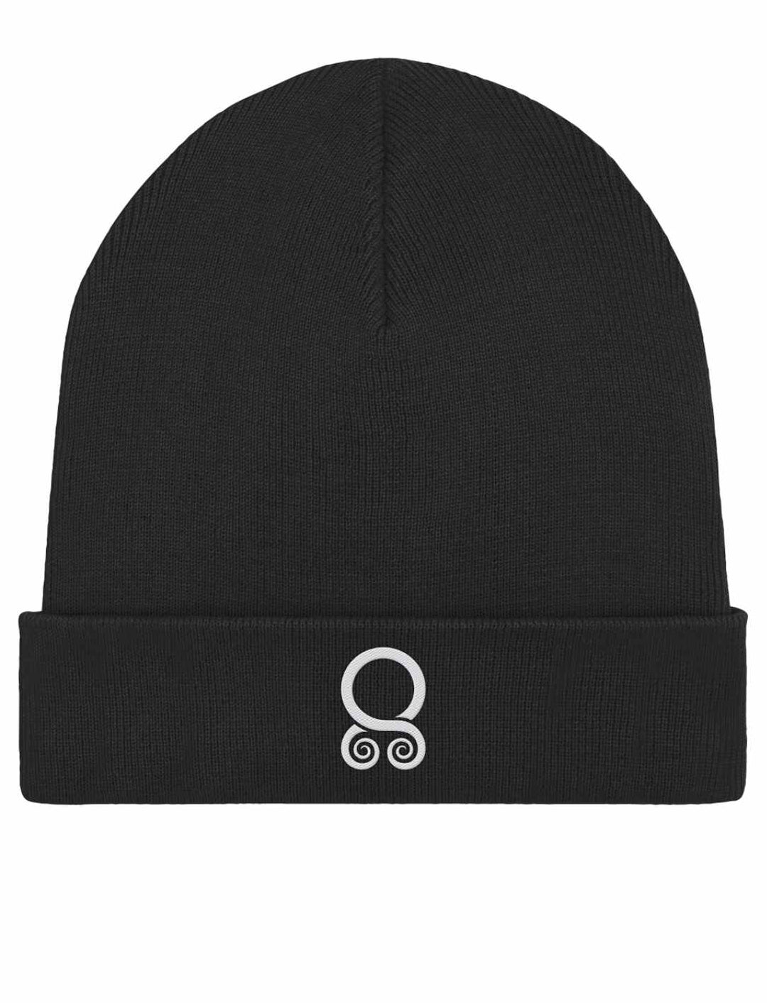 Das Trollbann des Nordens Organic Rib Beanie in Schwarz, mit dem Wikinger-Symbol des Trollkreuzes, fotografiert vor einem weißen Hintergrund.