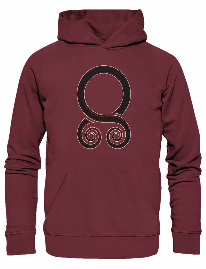 Unisex Organic Hoodie Trollbann des Nordens in Burgund mit dem traditionellen Trollkreuz-Design, inspiriert von den Legenden der Wikinger, auf weißem Hintergrund.