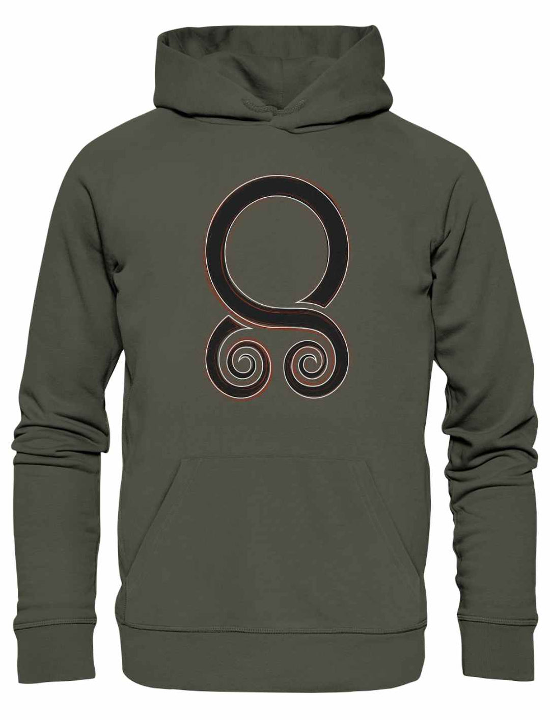 Unisex Organic Hoodie Trollbann des Nordens in Khaki mit keltisch inspiriertem Trollkreuz-Symbol, ein Schutzamulett im modernen Stil, auf weißem Hintergrund.