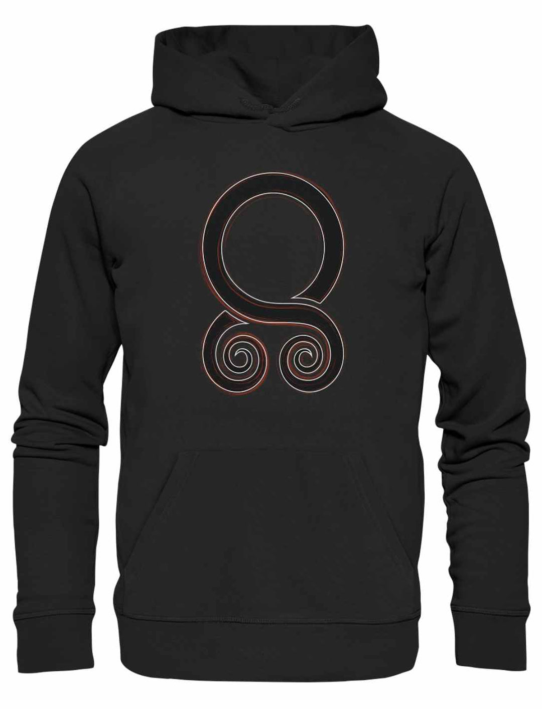 Unisex Organic Hoodie Trollbann des Nordens in Schwarz mit legendärem Trollkreuz-Symbol, ein modernes Stück nordischer Mythen, auf weißem Hintergrund.