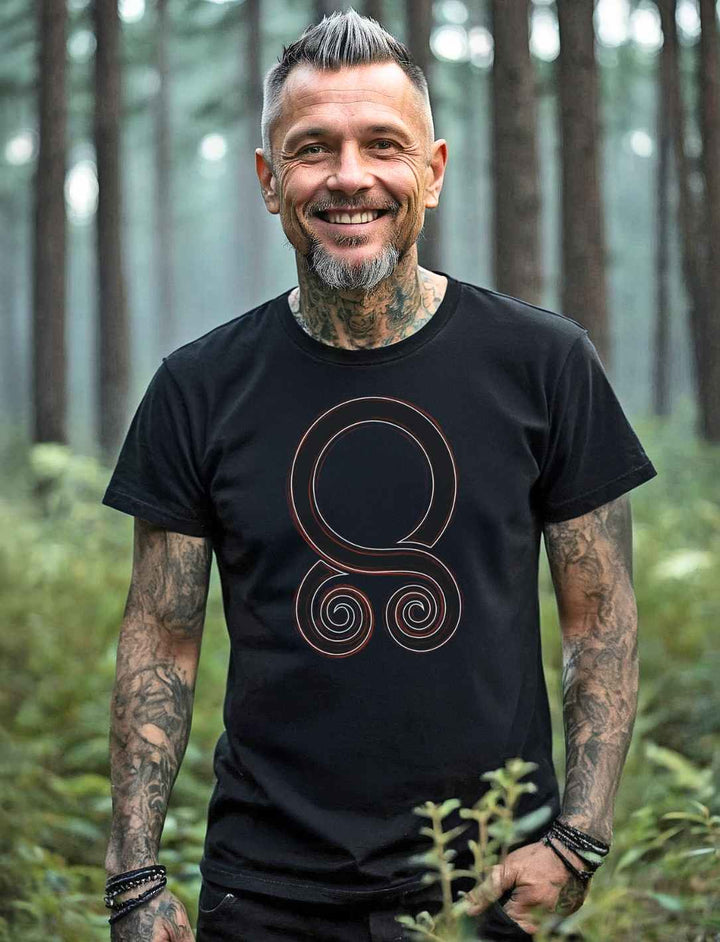 Mann  trägt das schwarze T-Shirt “Trollbann des Nordens” mit dem ikonischen Trollkreuz-Design, umgeben von einem mystischen Wald. Ein Symbol der nordischen Mythologie, das Schutz und Stärke ausstrahlt