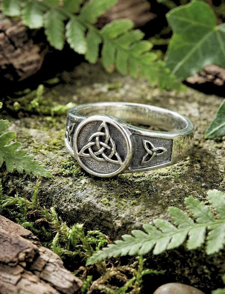 Keltischer Triquetra Ring aus 925 Sterling Silber auf Stein und Farn, natürliches Setting