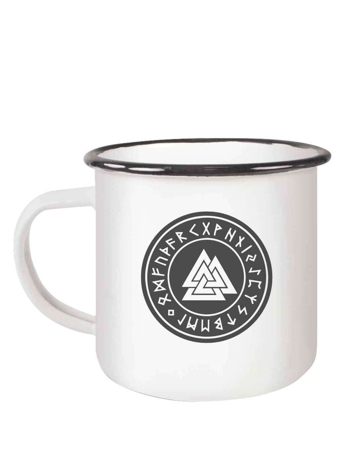 Valknut Emaille Tasse weiß mit schwarzem Rand, Odins Zeichen mit Runenring, Wikinger Motiv