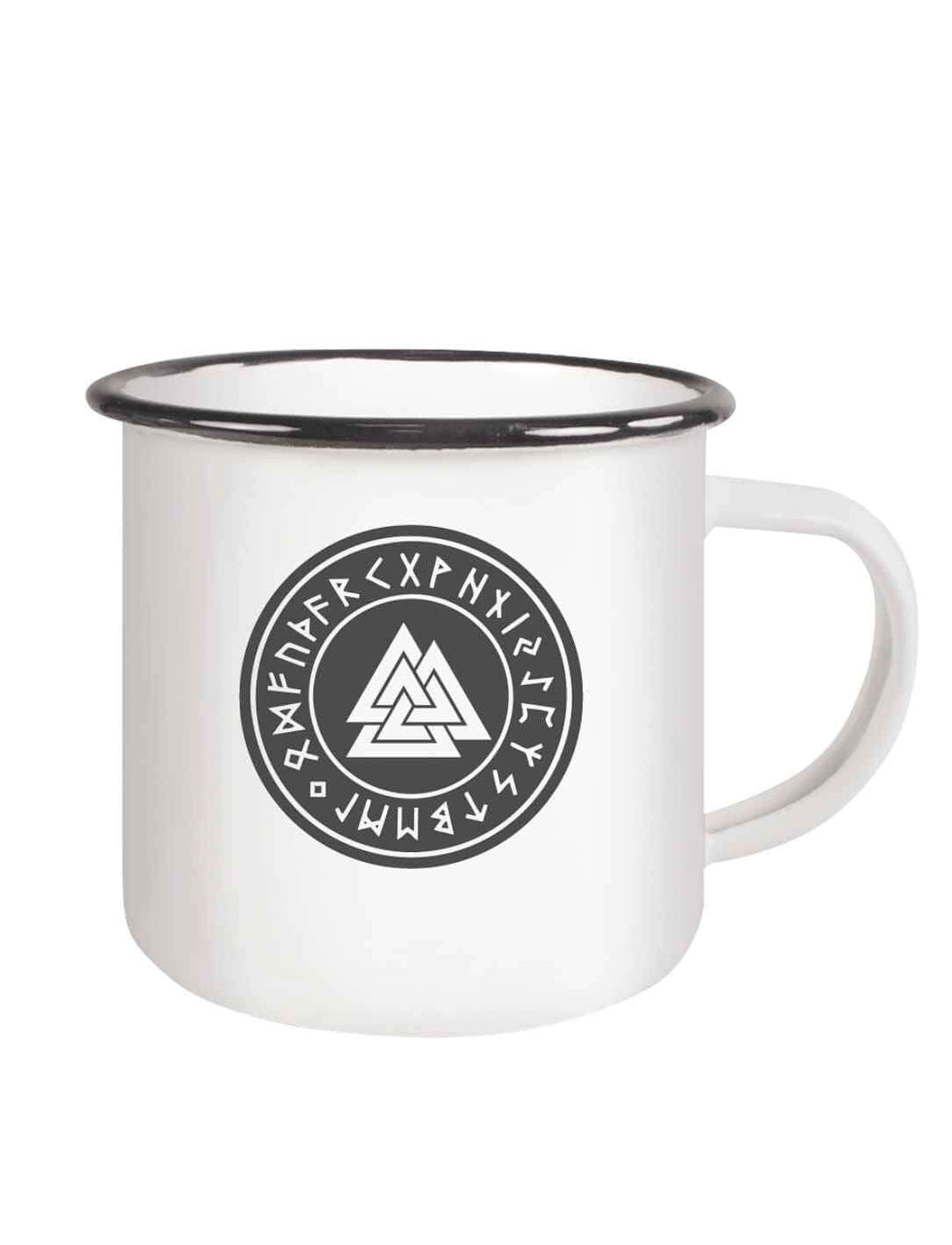 Emaille Tasse Valknut mit nordischem Runensiegel, doppelseitig bedruckt, weiß mit schwarzem Rand