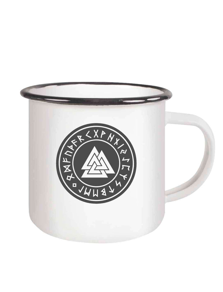 Emaille Tasse Valknut mit nordischem Runensiegel, doppelseitig bedruckt, weiß mit schwarzem Rand