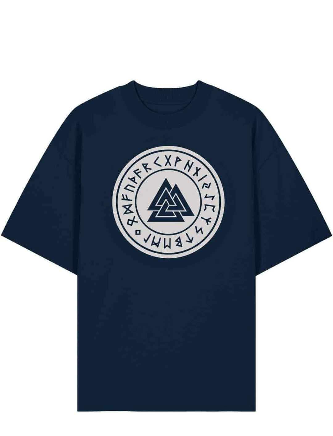 French Navy Oversized Valknut Shirt mit rundem Runensiegel und Odin Zeichen auf weißem Hintergrund