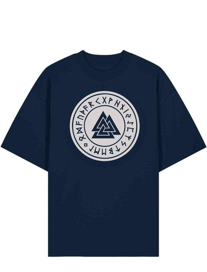 French Navy Oversized Valknut Shirt mit rundem Runensiegel und Odin Zeichen auf weißem Hintergrund
