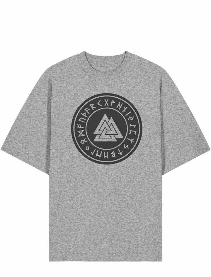 Heather Grey Oversized Valknut T-Shirt mit nordischem Odin Symbol und Runenring auf weißem Hintergrund