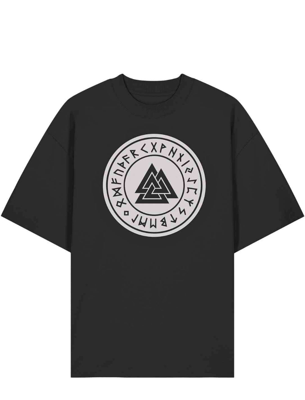 Schwarzes Oversized Valknut Shirt mit rundem Runen Siegel und nordischem Symbol auf weißem Hintergrund