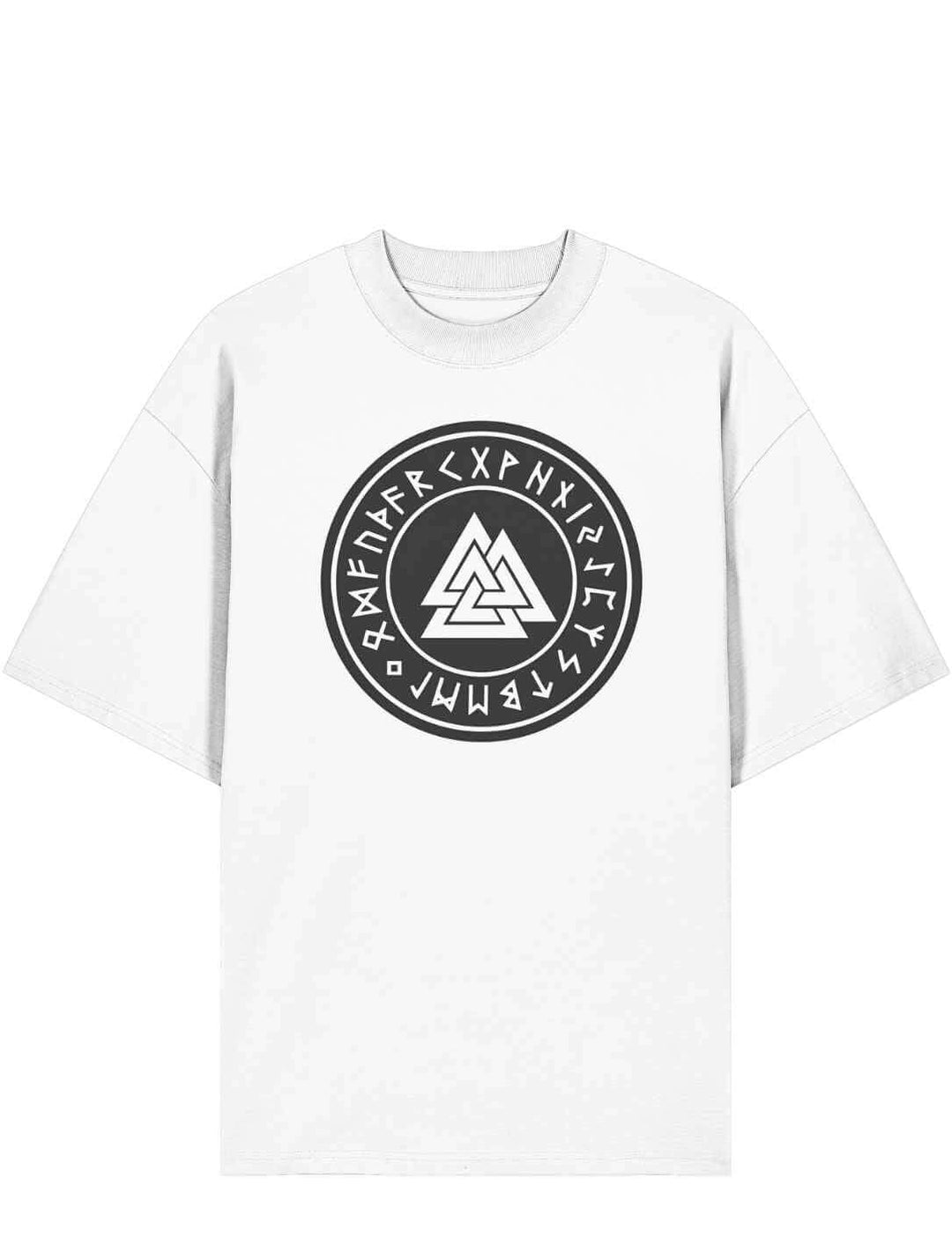 Weißes Oversized Valknut T-Shirt mit nordischem Odin Symbol und Runenring auf weißem Hintergrund