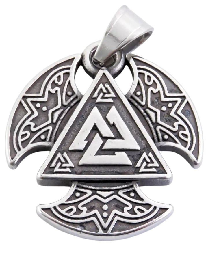 Valknut Schild des Schutzes – Nordischer Anhänger aus Edelstahl mit Valknut-Symbol und filigranen Verzierungen auf weißem Hintergrund fotografiert.