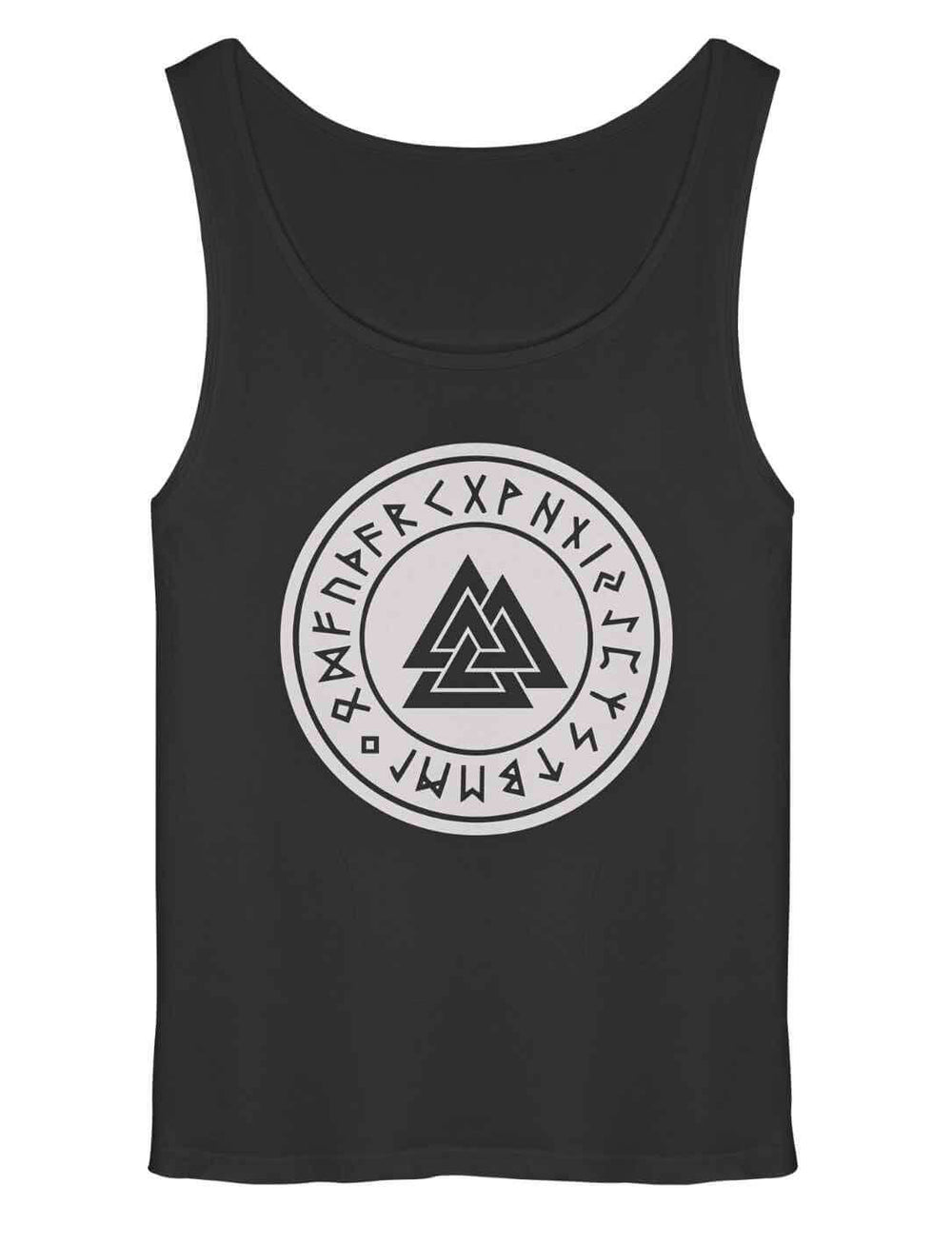Valknut Relaxed Tank Top Schwarz mit Runenkreis und nordischem Symbol – Oversize Long Fit Tank Top auf weißem Hintergrund