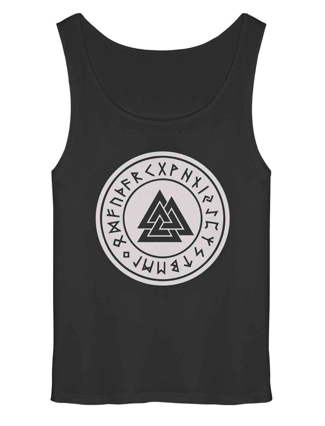 Valknut Relaxed Tank Top Schwarz mit Runenkreis und nordischem Symbol – Oversize Long Fit Tank Top auf weißem Hintergrund