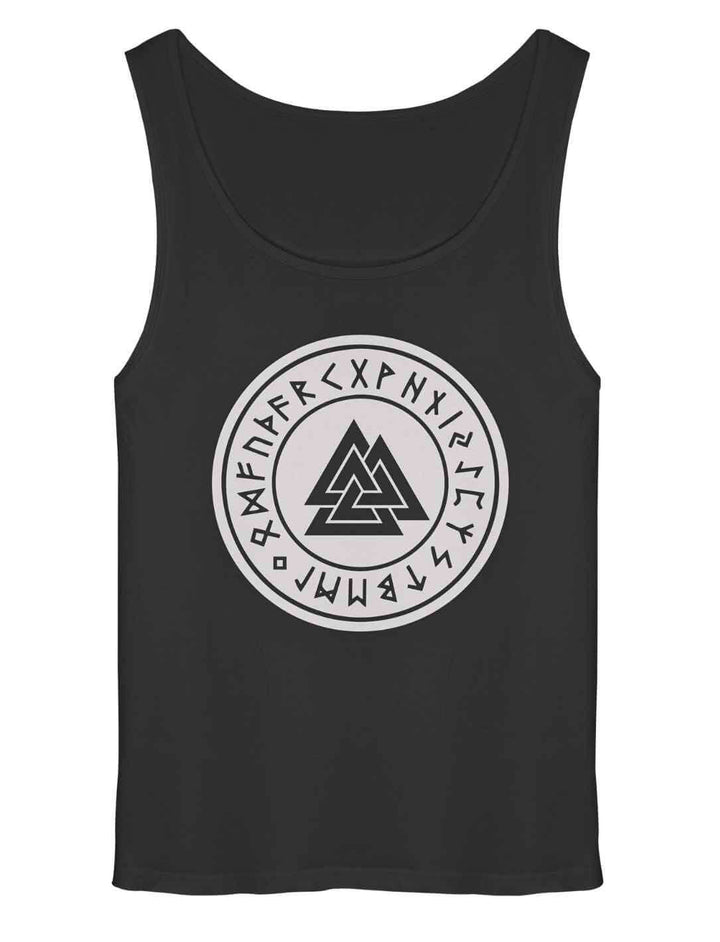 Valknut Relaxed Tank Top Schwarz mit Runenkreis und nordischem Symbol – Oversize Long Fit Tank Top auf weißem Hintergrund