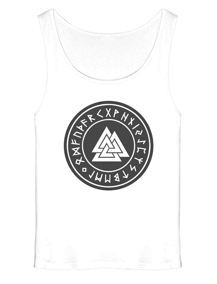 Weißes Valknut Relaxed Tank Top mit nordischem Runenmotiv – Long Fit Herren Tank Top auf neutralem Hintergrund