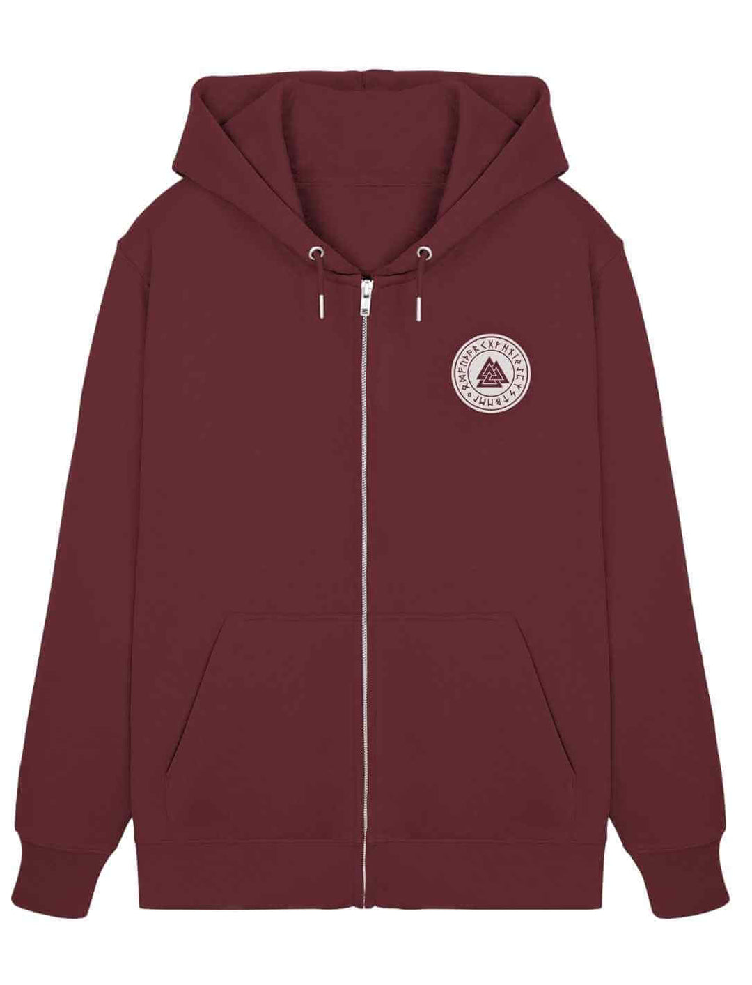 Burgund Valknut Zip Hoodie mit Runensiegel, nordischer Kapuzenpullover mit Reißverschluss.