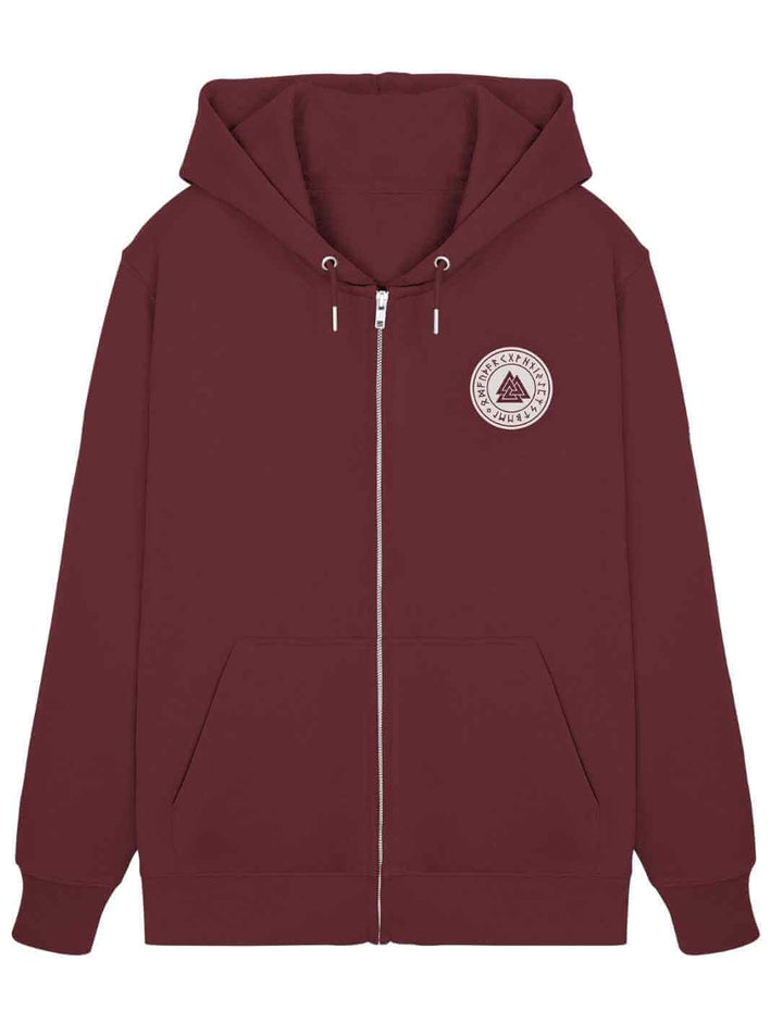 Burgund Valknut Zip Hoodie mit Runensiegel, nordischer Kapuzenpullover mit Reißverschluss.