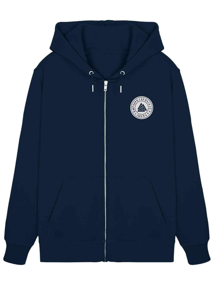 French Navy Valknut Zipper Hoodie mit Runensiegel, Kapuzenpullover mit Reißverschluss im nordischen Stil.