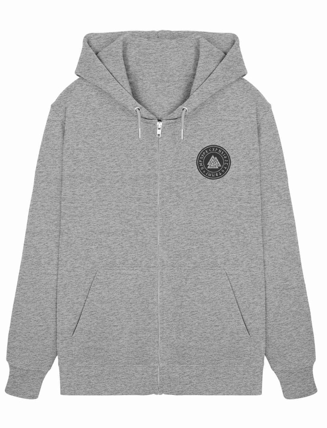 Heather Grey Valknut Zipper Hoodie mit nordischem Runensiegel, Kapuzenpullover mit Reißverschluss.