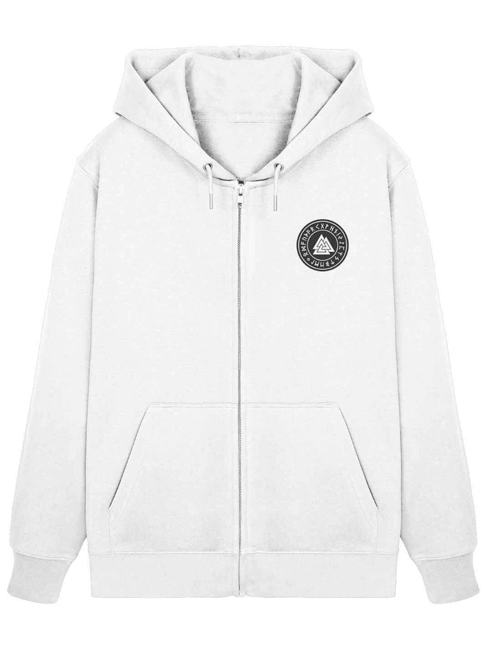 Weißer Valknut Zip Hoodie mit Runensiegel, Kapuzenpullover mit Reißverschluss im klaren nordischen Design.