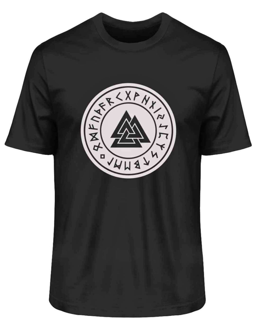 Stylisches Valknut T-Shirt in tiefem Schwarz, ideal für einen mystischen und stilvollen Look, auf weißem Hintergrund.