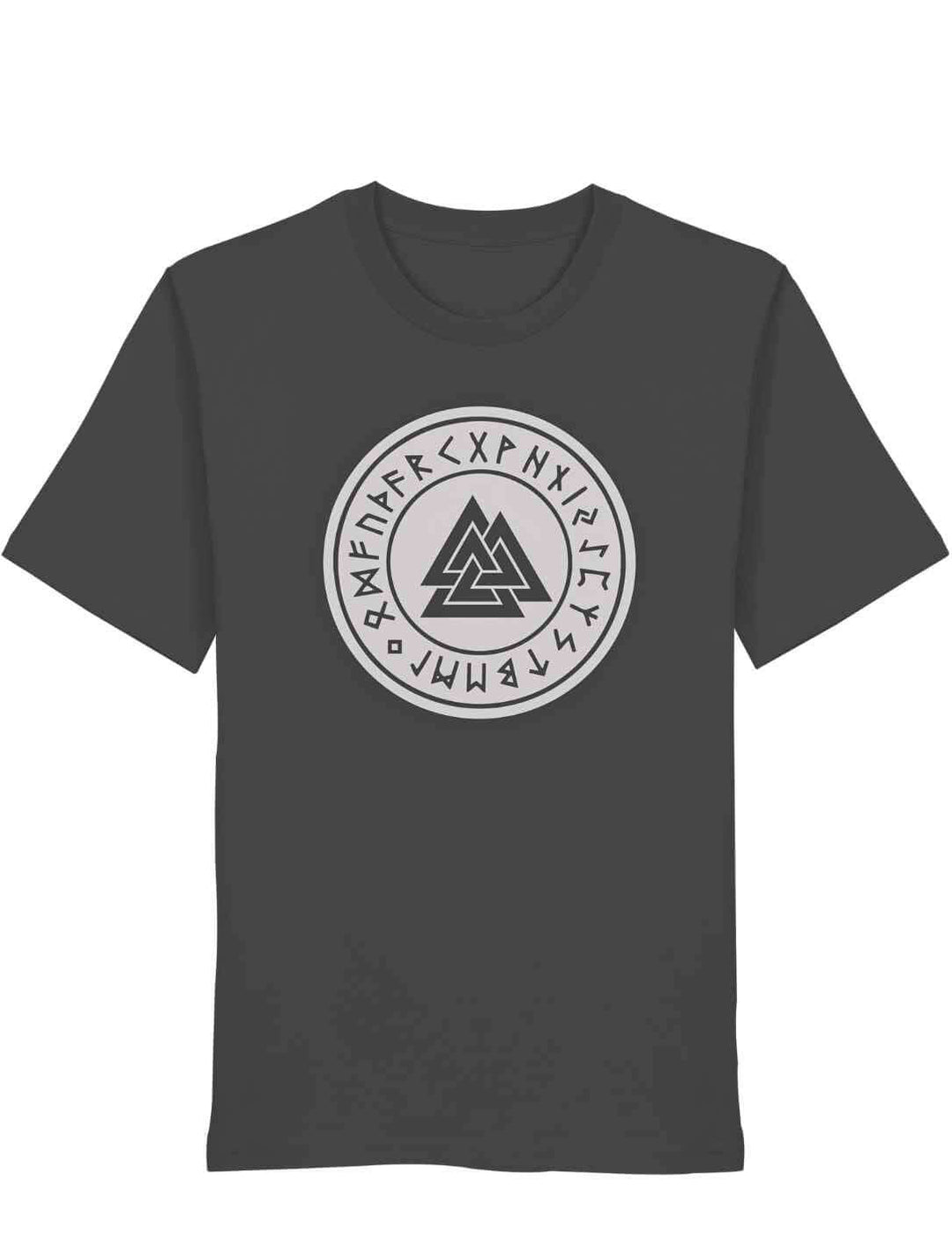 Anthrazit Valknut Organic Shirt – Zeichen Odins mit Runenkreis und Valknut Symbol auf weißem Hintergrund