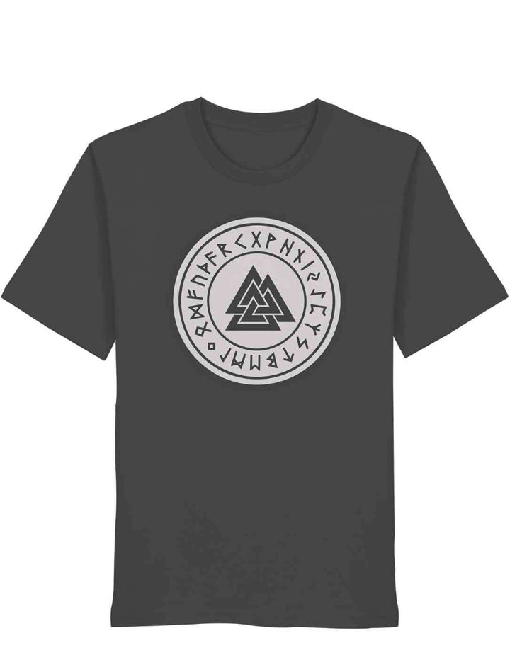Anthrazit Valknut Organic Shirt – Zeichen Odins mit Runenkreis und Valknut Symbol auf weißem Hintergrund