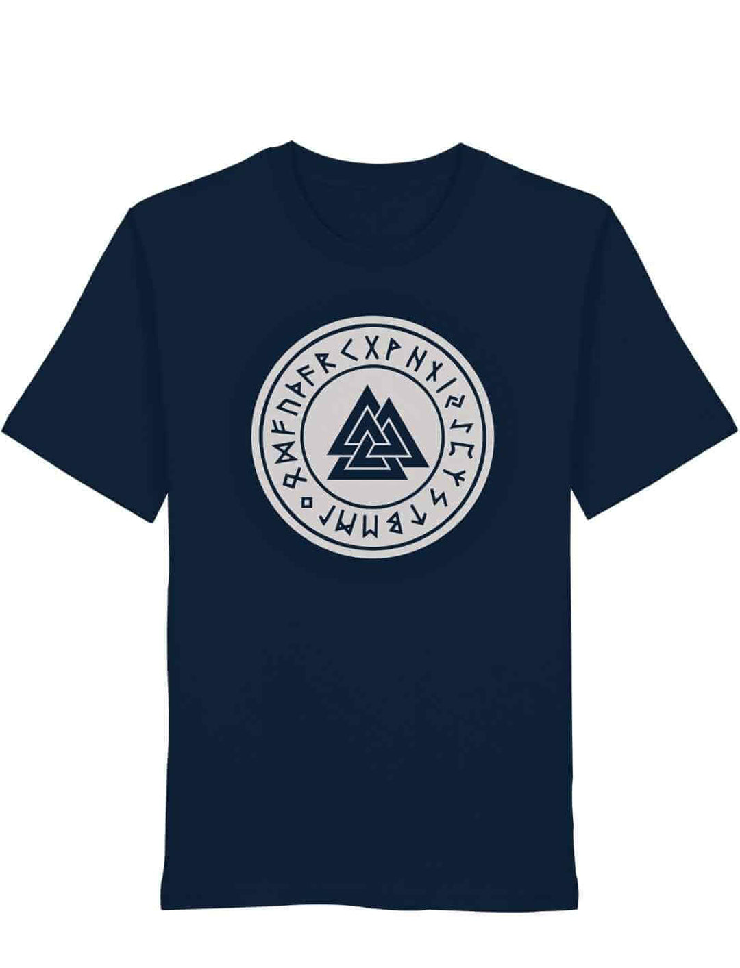 Valknut Organic Shirt – Zeichen Odins in French Navy mit Runenkreis und Valknut Symbol auf weißem Hintergrund